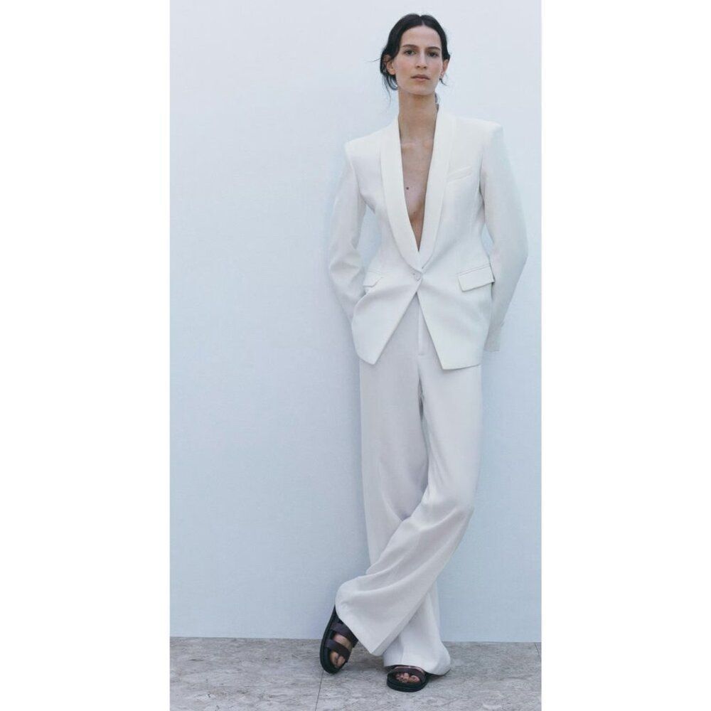 Zara Womens Blazer Large Tuxedo White Single Breasted Satin Lapels 2389/198 NWT